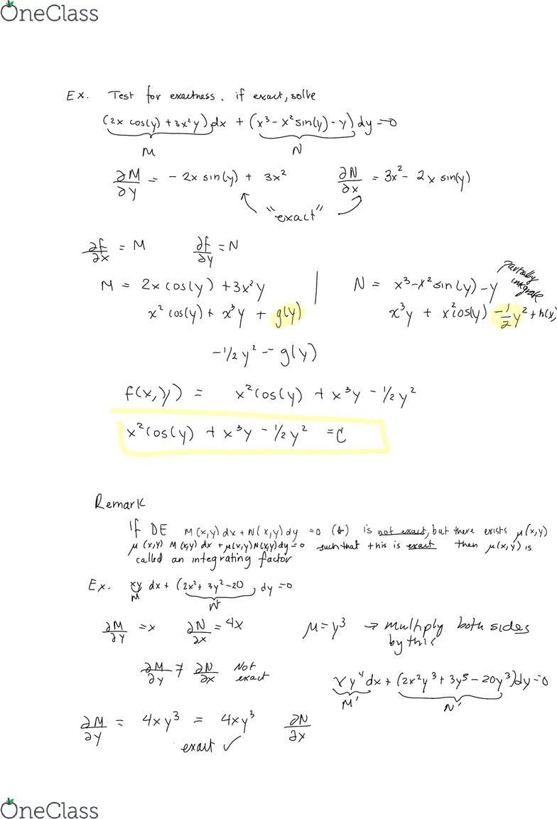 Mth 311 Lecture 3 Ch2 Intro To Diff Eq S Continued Oneclass