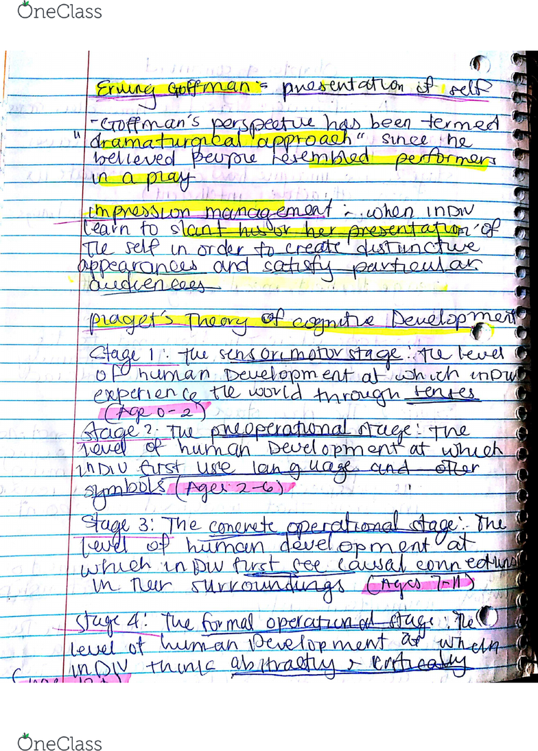 SOC 1013 Lecture 4: George Herbert Mead's stages of self - OneClass