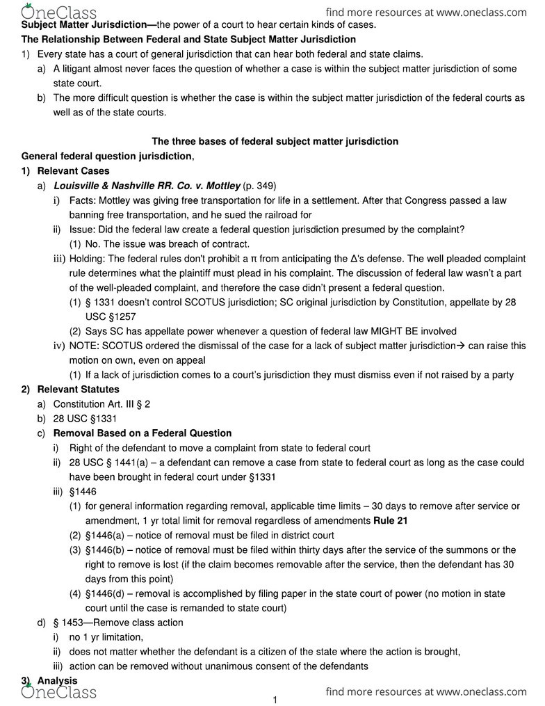 LAW 283 Lecture Notes Spring 2010, Diversity Jurisdiction, Federal