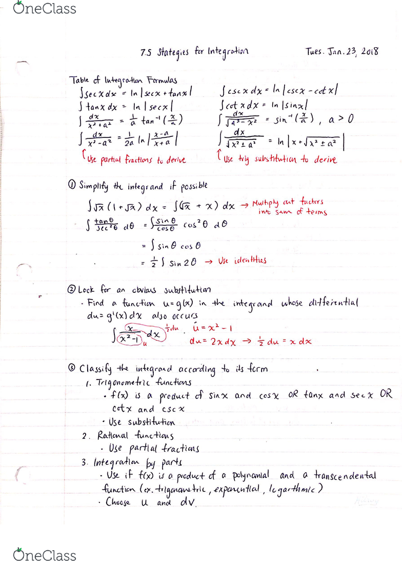 Calculus 1301a B Lecture 9 7 5 Strategy For Integration Oneclass