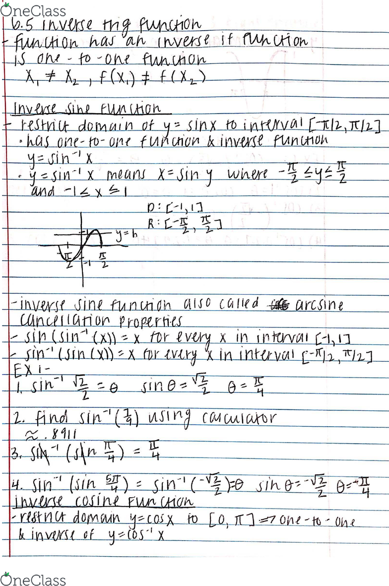 Math 113 Lecture 6 5 Inverse Trigonometric Function Onecl Math 113 Lecture 6 5 Inverse