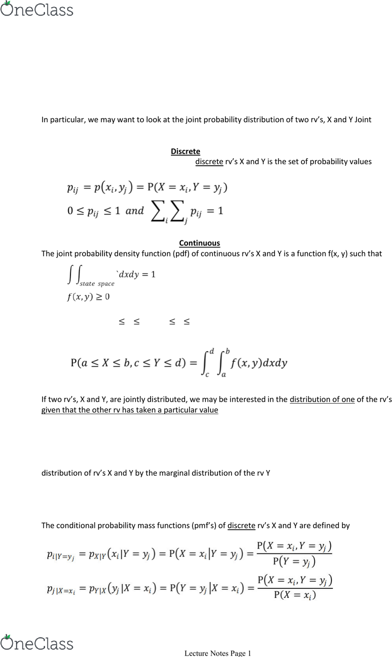 Statistical Sciences 2141a B Lecture Notes Fall 18 Lecture 14 Probability Density Function Probability Mass Function Joint Probability Distribution