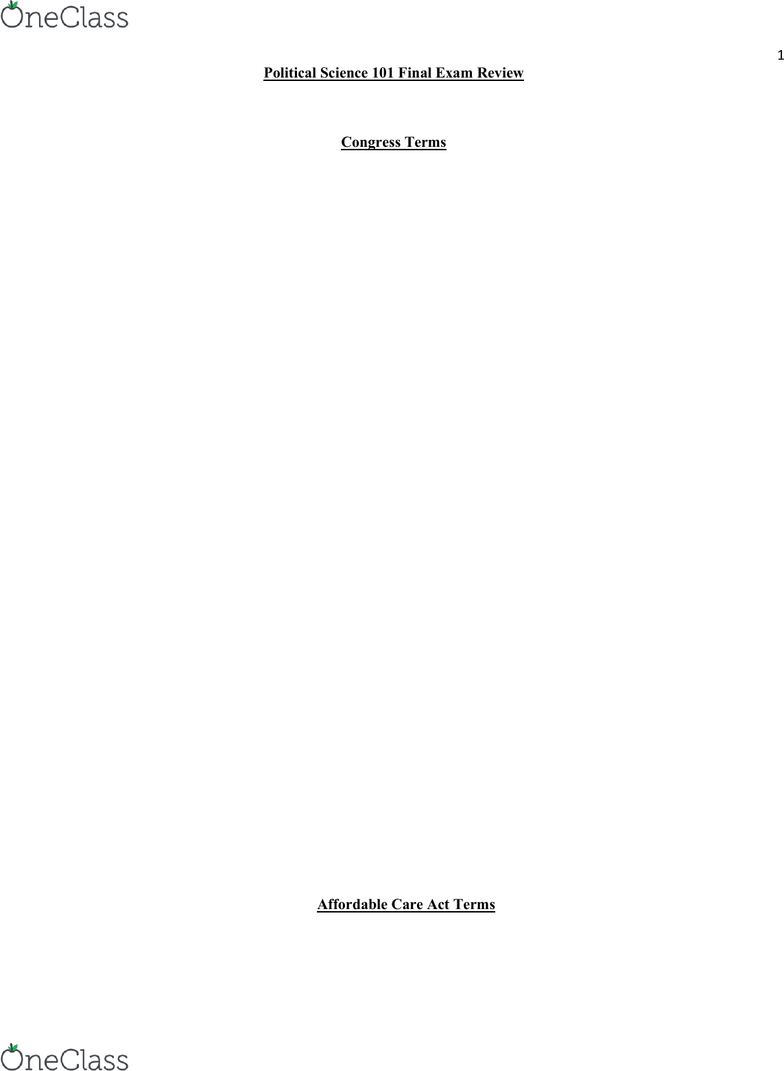 POLS 101 Study Guide - Final Guide: Nuclear Regulatory Commission, Democratic Peace Theory, Patient Protection And Affordable Care Act