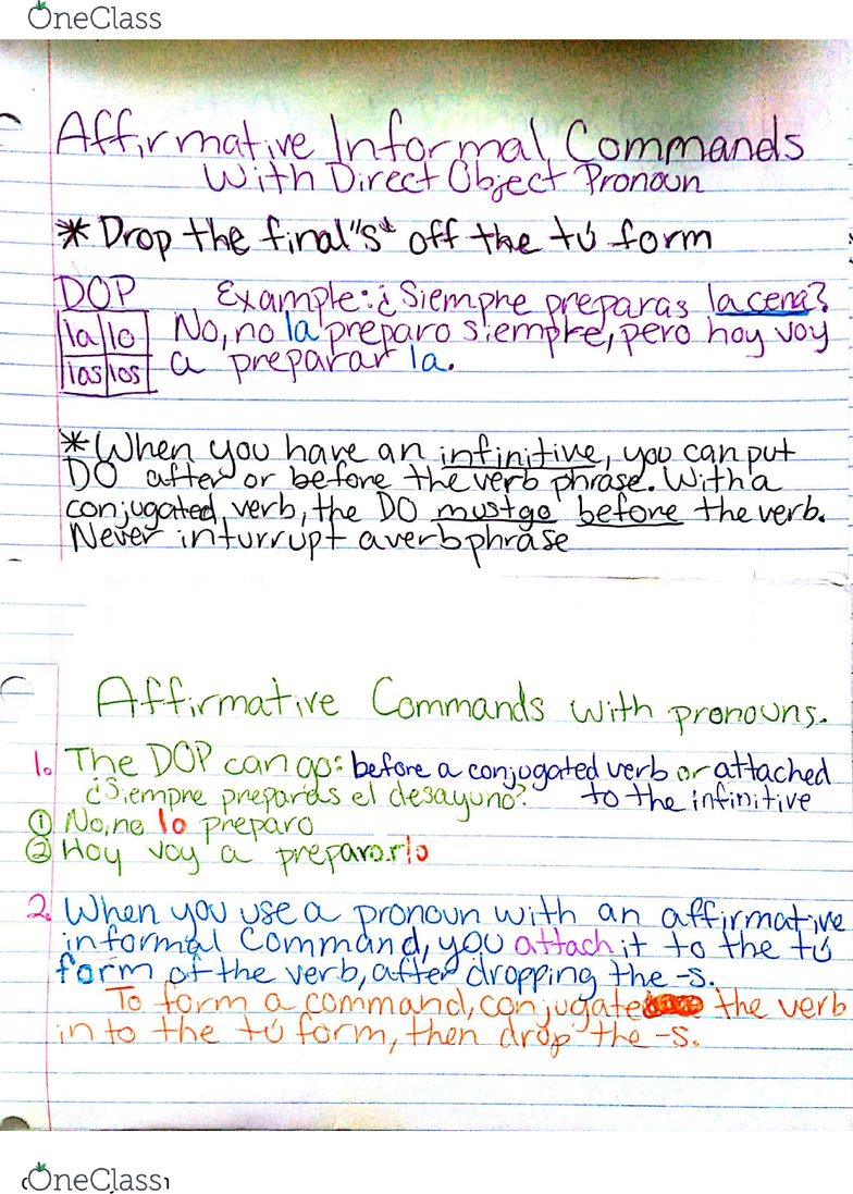 01:940:101 Lecture 1: Affirmative Commands & Direct Object Pronouns -  OneClass