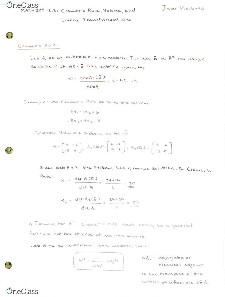 math 225 lecture 13 cramer s rule volume and linear transformations cramers rule