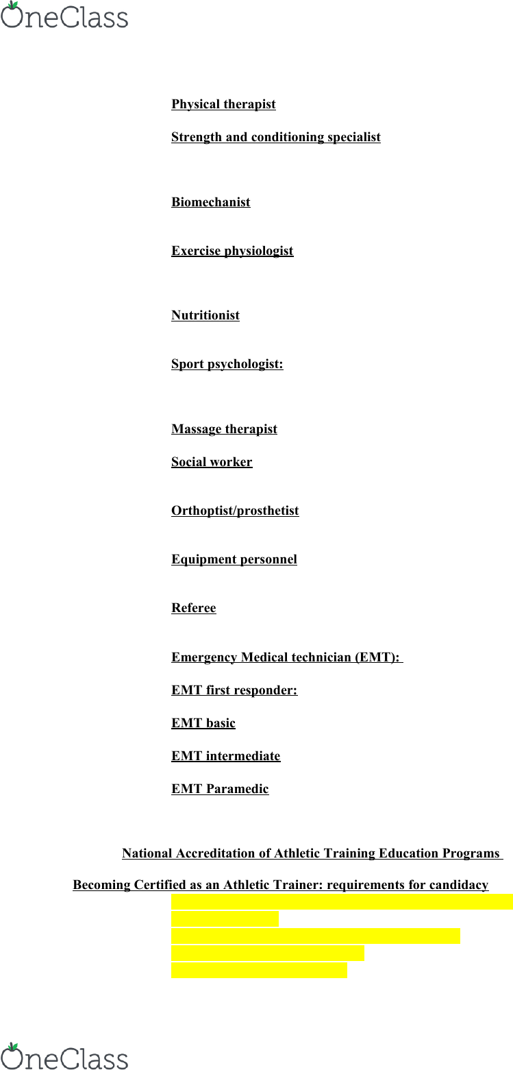 AT 114 Study Guide - Fall 2015, Quiz - American Physical Therapy  Association, Athletic Trainer, Athletic Training